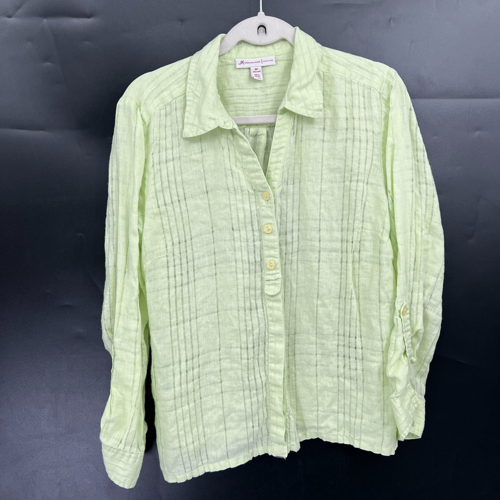 JM Collection 100% linen button front lime green top lagenlook boho coastal 16 P